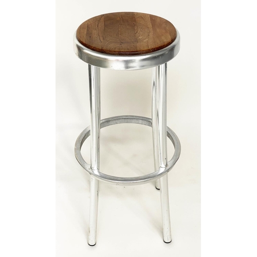 286 - BAR STOOLS, a pair, aluminium and teak, 81cm H. (2)