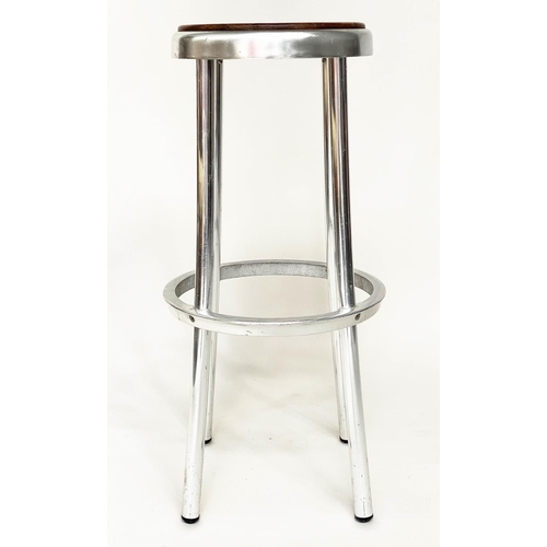 286 - BAR STOOLS, a pair, aluminium and teak, 81cm H. (2)