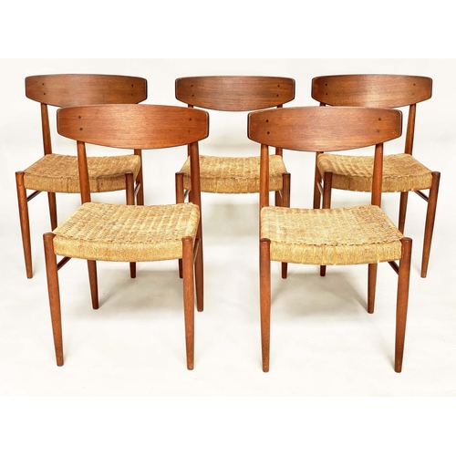 288 - DANISH CHAIRS, a set of five, 1970's teak with slightly bowed back and woven papercord seats. (5)