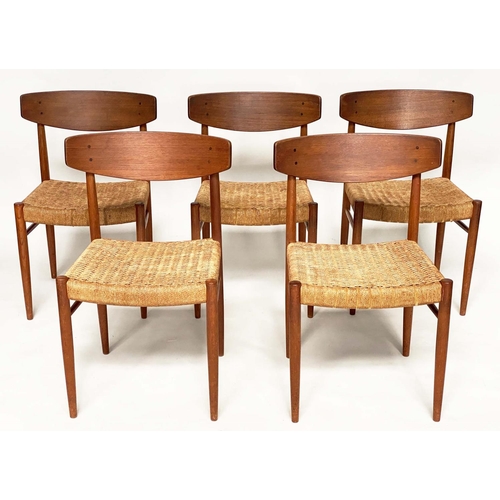 288 - DANISH CHAIRS, a set of five, 1970's teak with slightly bowed back and woven papercord seats. (5)