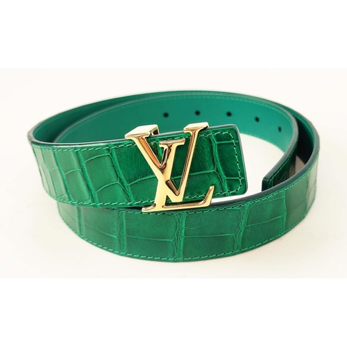 LOUIS VUITTON CROCODILE BELT green exotic leather with gold tone initials at the front size 80 32