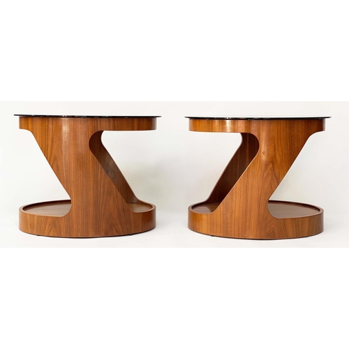 292 - LAMP TABLES, a pair, 1960's style oval glazed teak with undertier, 66cm x 48cm x 43cm H. (2)