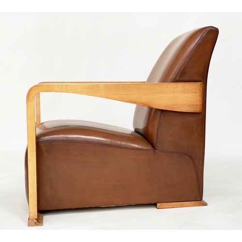 295 - HUGUES CHEVALIER YING ARMCHAIR, satinwood and stitched tan leather with broad down swept arms and ro... 