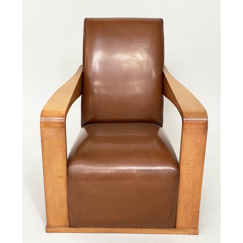 295 - HUGUES CHEVALIER YING ARMCHAIR, satinwood and stitched tan leather with broad down swept arms and ro... 