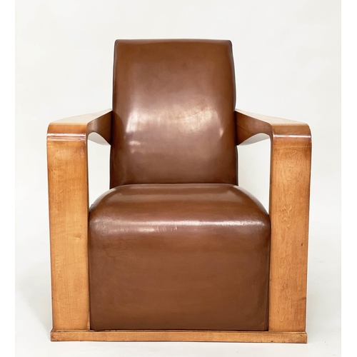 295 - HUGUES CHEVALIER YING ARMCHAIR, satinwood and stitched tan leather with broad down swept arms and ro... 