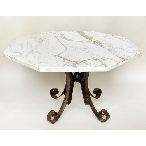 296 - MARBLE CENTRE TABLE, octagonal Italian Arabescato marble top, raised upon wrought iron scrollwork su... 