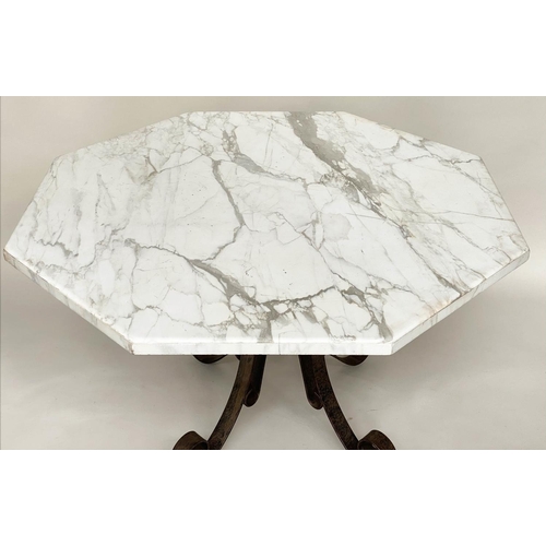 296 - MARBLE CENTRE TABLE, octagonal Italian Arabescato marble top, raised upon wrought iron scrollwork su... 