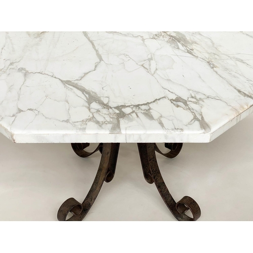 296 - MARBLE CENTRE TABLE, octagonal Italian Arabescato marble top, raised upon wrought iron scrollwork su... 