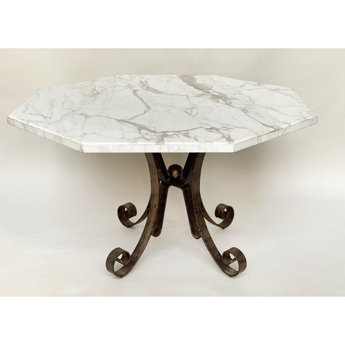 296 - MARBLE CENTRE TABLE, octagonal Italian Arabescato marble top, raised upon wrought iron scrollwork su... 