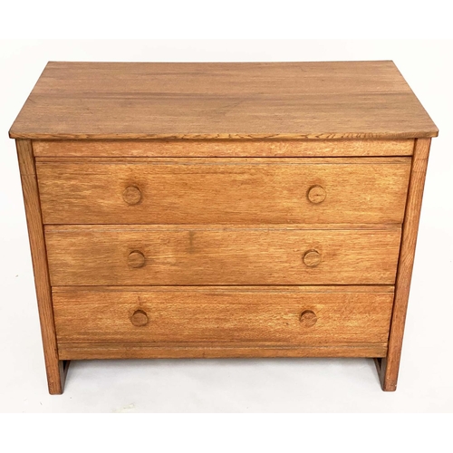 297 - GORDON RUSSELL CHEST, oak with three long drawers and signature label 'Gordon Russell Broadway Worcs... 