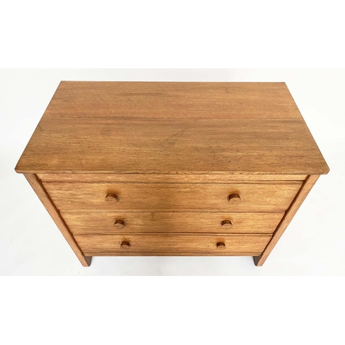 297 - GORDON RUSSELL CHEST, oak with three long drawers and signature label 'Gordon Russell Broadway Worcs... 