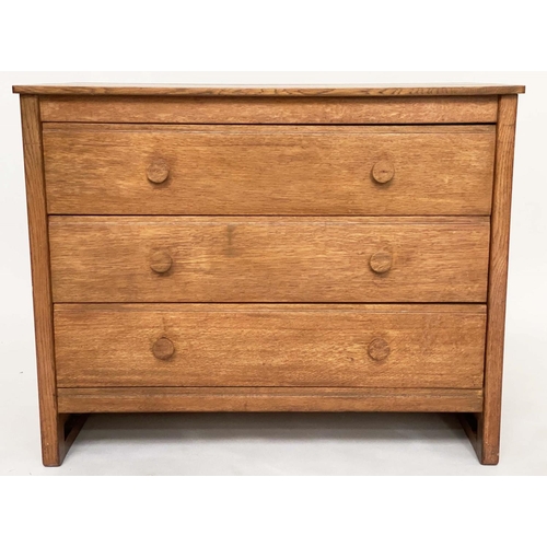 297 - GORDON RUSSELL CHEST, oak with three long drawers and signature label 'Gordon Russell Broadway Worcs... 