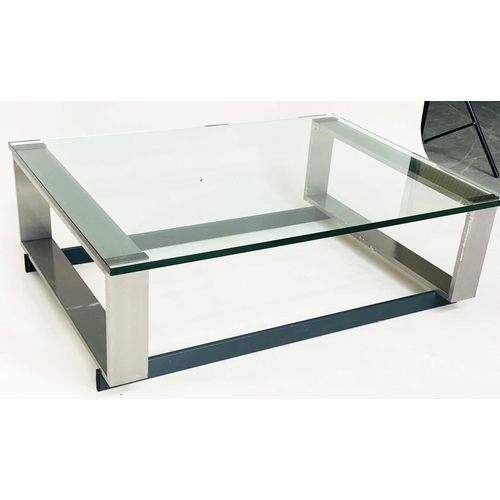 298 - LOW TABLE, 1970's rectangular plate glass on lacquered stainless steel support, 91cm x 122cm x 32cm ... 