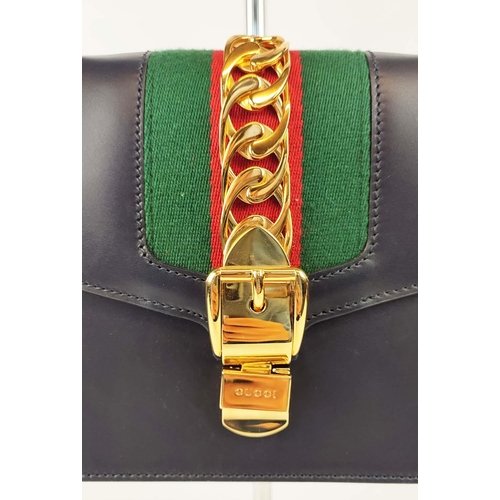 30 - GUCCI SYLVIE SHOULDER BAG, flap closure, blue leather with iconic green and red web detailing, gold ... 