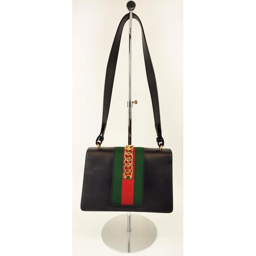 30 - GUCCI SYLVIE SHOULDER BAG, flap closure, blue leather with iconic green and red web detailing, gold ... 