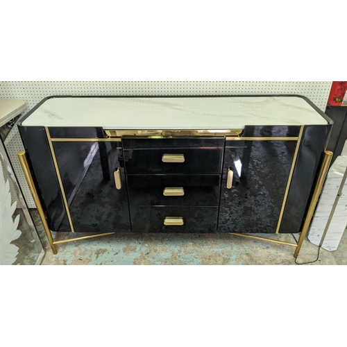 300 - SIDEBOARD, 150cm x 44cm x 89cm, black lacquered, faux stone top, three central drawers each lined to... 