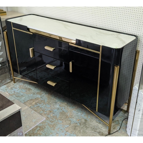 300 - SIDEBOARD, 150cm x 44cm x 89cm, black lacquered, faux stone top, three central drawers each lined to... 