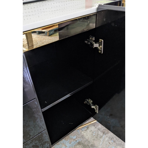 300 - SIDEBOARD, 150cm x 44cm x 89cm, black lacquered, faux stone top, three central drawers each lined to... 