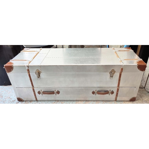 307 - LOW TRUNK, 120cm x 40cm x 45cm, aviator style design, hinged top with drawer to base.