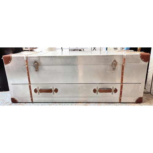 307 - LOW TRUNK, 120cm x 40cm x 45cm, aviator style design, hinged top with drawer to base.