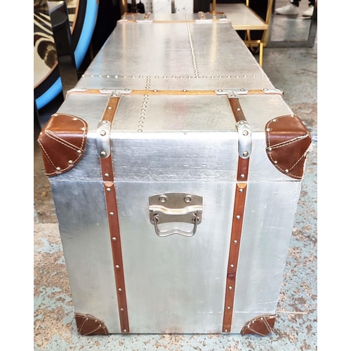 307 - LOW TRUNK, 120cm x 40cm x 45cm, aviator style design, hinged top with drawer to base.