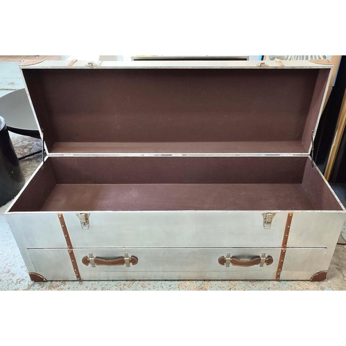 307 - LOW TRUNK, 120cm x 40cm x 45cm, aviator style design, hinged top with drawer to base.