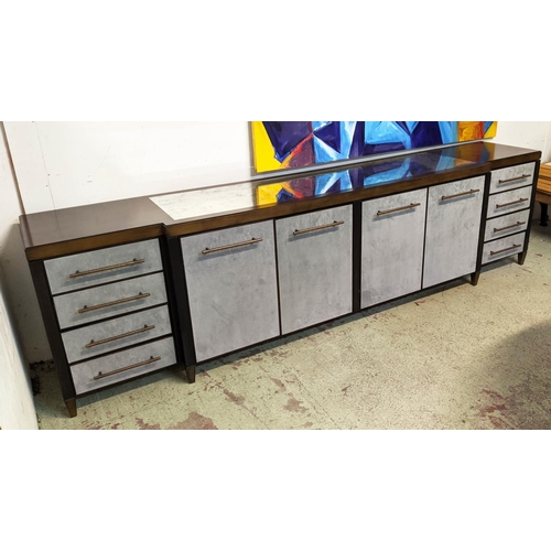 332 - SIDEBOARD, 299cm x 57cm x 80cm approx, breakfront design, mirrored detail to top, leather fronting t... 