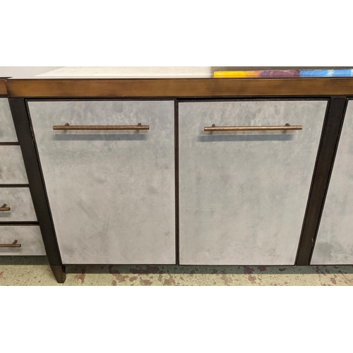 332 - SIDEBOARD, 299cm x 57cm x 80cm approx, breakfront design, mirrored detail to top, leather fronting t... 