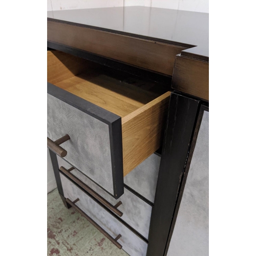 332 - SIDEBOARD, 299cm x 57cm x 80cm approx, breakfront design, mirrored detail to top, leather fronting t... 