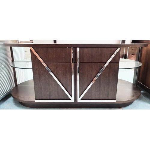 344 - SIDEBOARD, 180cm x 51.5cm x 76cm, two drawers above two cupboard sections, flanked by two open shelv... 