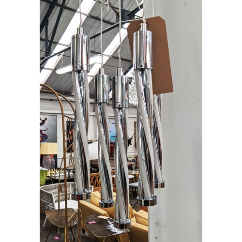 345 - CEILING PENDANT LIGHT, 151cm drop, five branch, polished metal.