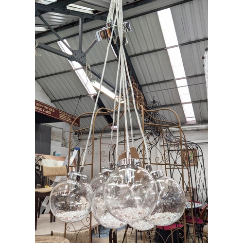 346 - CEILING PENDANT LIGHT, 145cm drop, six branch, with glass shades containing diamante style beads.