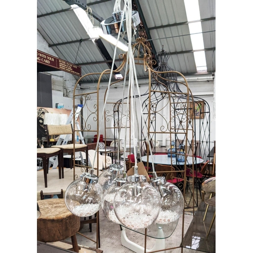 346 - CEILING PENDANT LIGHT, 145cm drop, six branch, with glass shades containing diamante style beads.