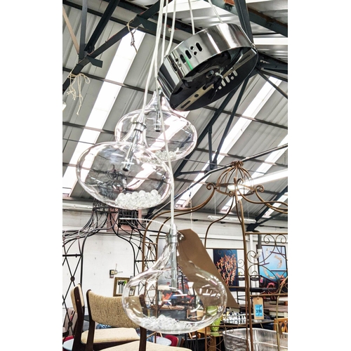 347 - CEILING PENDANT LIGHT, 122cm drop, three branch, with glass shades containing diamante style beads.