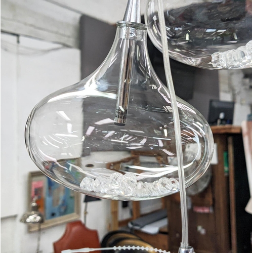 347 - CEILING PENDANT LIGHT, 122cm drop, three branch, with glass shades containing diamante style beads.