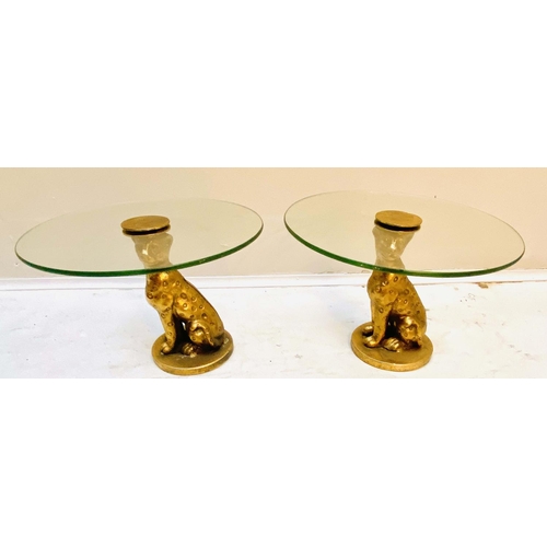 354 - LEOPARD FIGURAL TAZZAS, a pair, 21cm high, 30cm diameter, sculptural seated leopard supports, gilt m... 