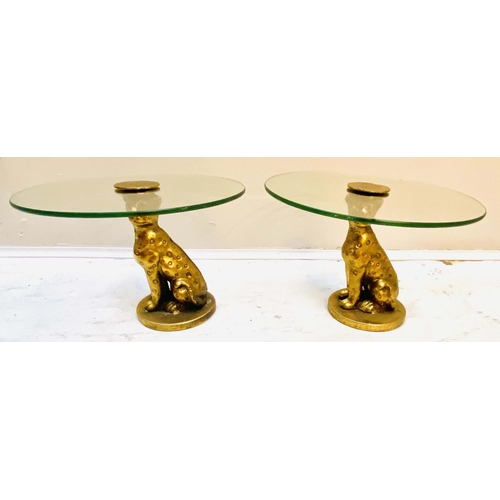 354 - LEOPARD FIGURAL TAZZAS, a pair, 21cm high, 30cm diameter, sculptural seated leopard supports, gilt m... 