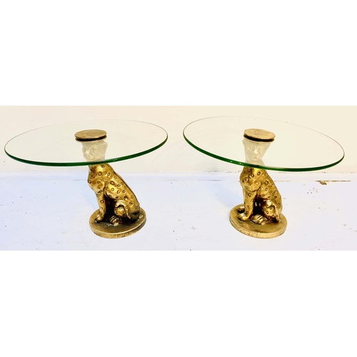 354 - LEOPARD FIGURAL TAZZAS, a pair, 21cm high, 30cm diameter, sculptural seated leopard supports, gilt m... 