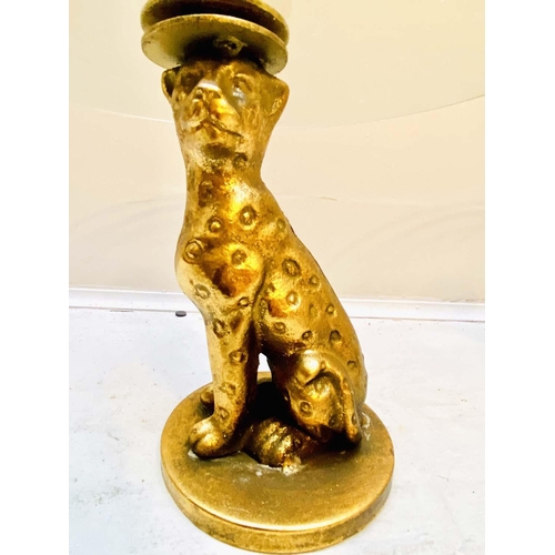 354 - LEOPARD FIGURAL TAZZAS, a pair, 21cm high, 30cm diameter, sculptural seated leopard supports, gilt m... 