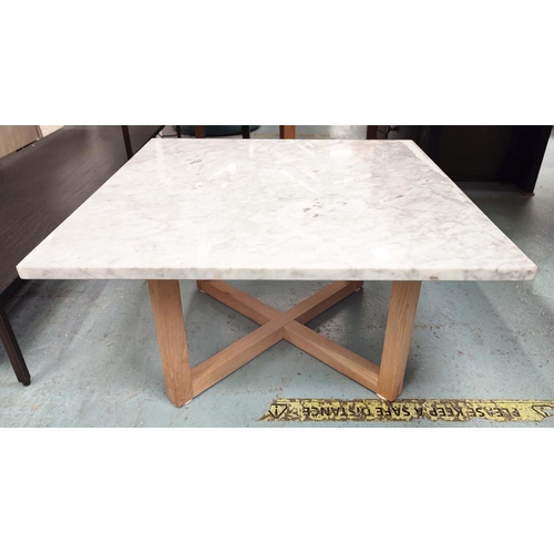 428 - CONRAN LOW TABLES, two graduated, each with a square marble top on a wooden base, the largest 180cm ... 