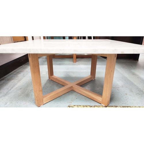 428 - CONRAN LOW TABLES, two graduated, each with a square marble top on a wooden base, the largest 180cm ... 