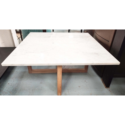 428 - CONRAN LOW TABLES, two graduated, each with a square marble top on a wooden base, the largest 180cm ... 