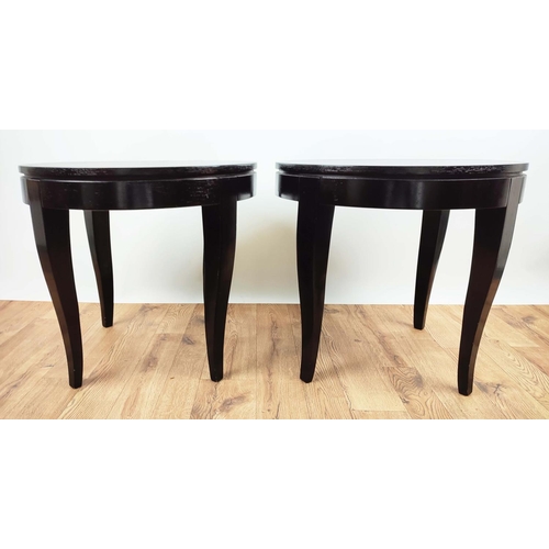 430 - SIDE TABLES, a pair, ebonised, each with a circular top, 60cm diam x 52cm H. (2)