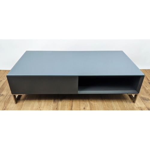 435 - LOW TABLE, grey painted, two drawers, glass top, polished metal base, 120cm x 60cm x 33cm.