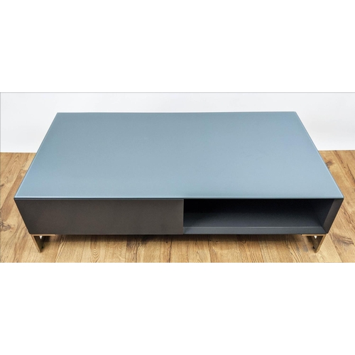 435 - LOW TABLE, grey painted, two drawers, glass top, polished metal base, 120cm x 60cm x 33cm.