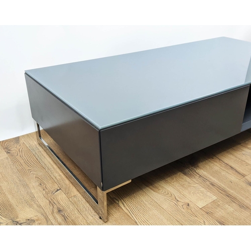 435 - LOW TABLE, grey painted, two drawers, glass top, polished metal base, 120cm x 60cm x 33cm.