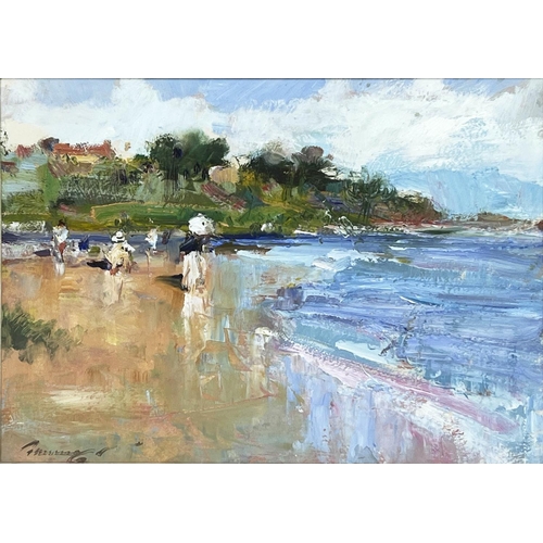 82 - 20TH CENTURY FRENCH SCHOOL 'Beach Scene with Figures', oil on board, 29cm x 39cm, framed.