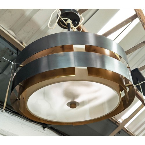 433 - R V ASTLEY CEILING PENDANT LIGHT, glass base, gilt metal, internal shade, 50cm drop.