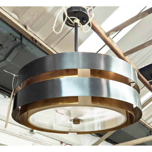 433 - R V ASTLEY CEILING PENDANT LIGHT, glass base, gilt metal, internal shade, 50cm drop.