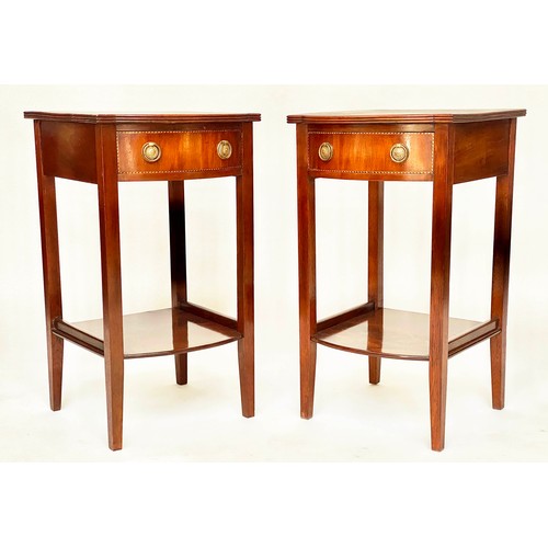 147 - BEDSIDE/LAMP TABLES, a pair, George III design flame mahogany and crossbanded each with drawer and u... 